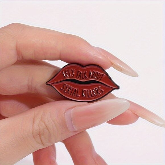 LET'S TALK ABOUT SERIAL KILLERS RED LIPS OIL DRIPPED ENAMEL LAPEL PIN BROOCH NWT - Picture 4 of 15